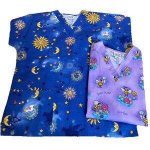 2 Simply Basic Scrub Tops Women's M Bears Colorful Bees Astrological Medical